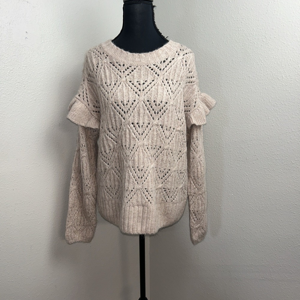 Old Navy Cozy Knit Sweater Women's Small Pink Ruffle Trim Pointelle‎ Long Sleeve
